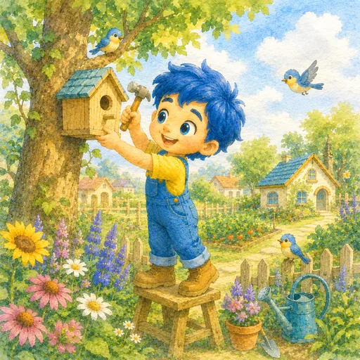 A boy hanging a birdhouse in a flowering garden