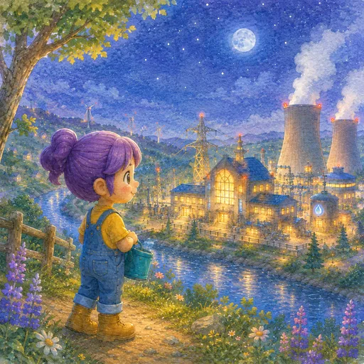 A girl looking at a glowing town at night