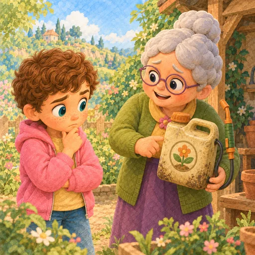 A child and a grandmother with a watering can in a garden